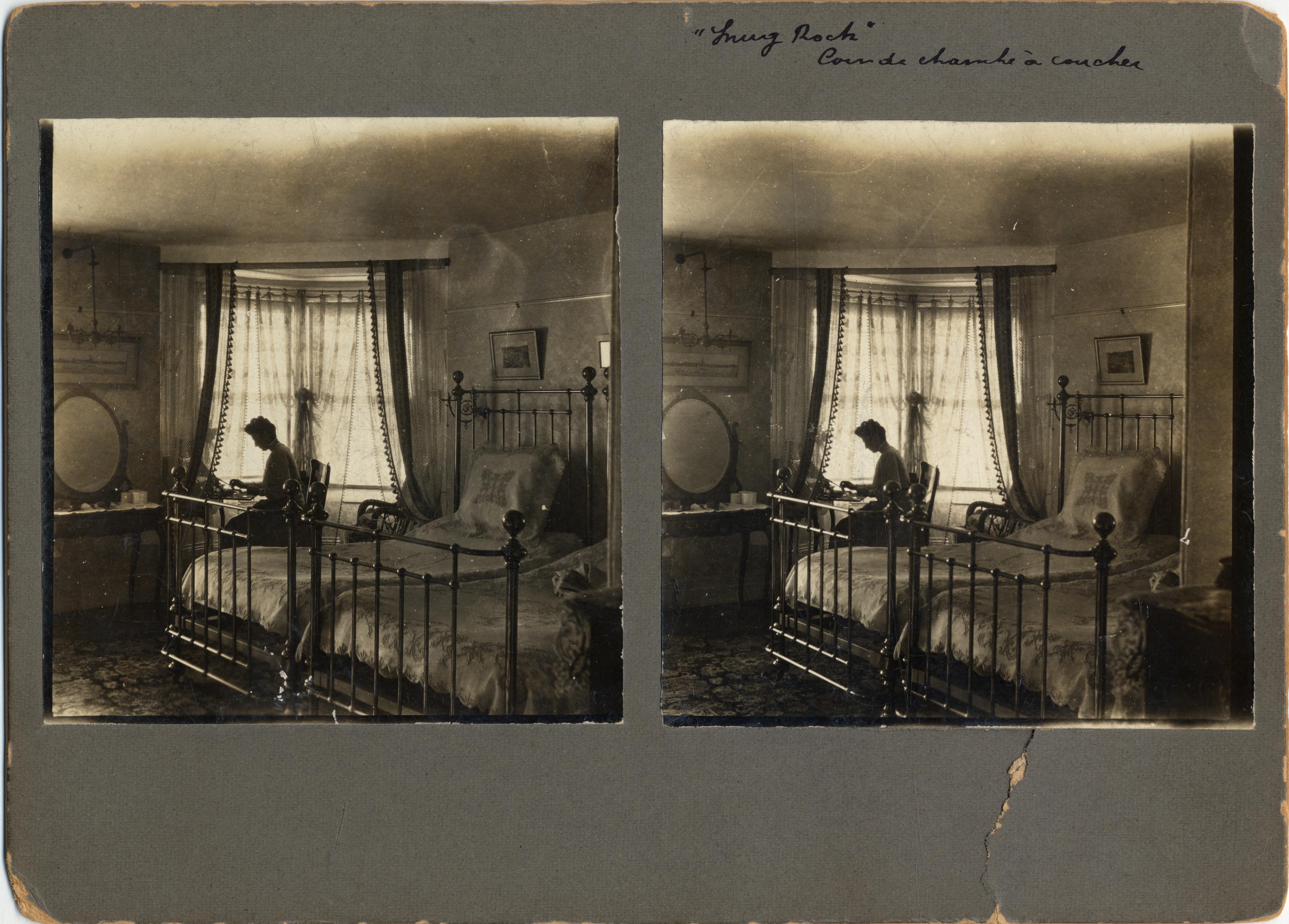 NMAH Archives CenterLeo H. Baekeland Papers0005Box 45Envelope 9-10Stereograph of Celine Baekeland in front of a bedroom window at Snug Rock.